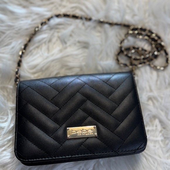 bebe Handbags - Bebe Chevron Black Mini Flap Bag Gold Chain Strap